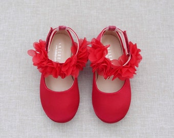Red Satin Flats with Chiffon Flowers Ankle Strap -  flower girls shoes, Ruby satin shoes, Holiday Shoes, Fall Girls Shoes