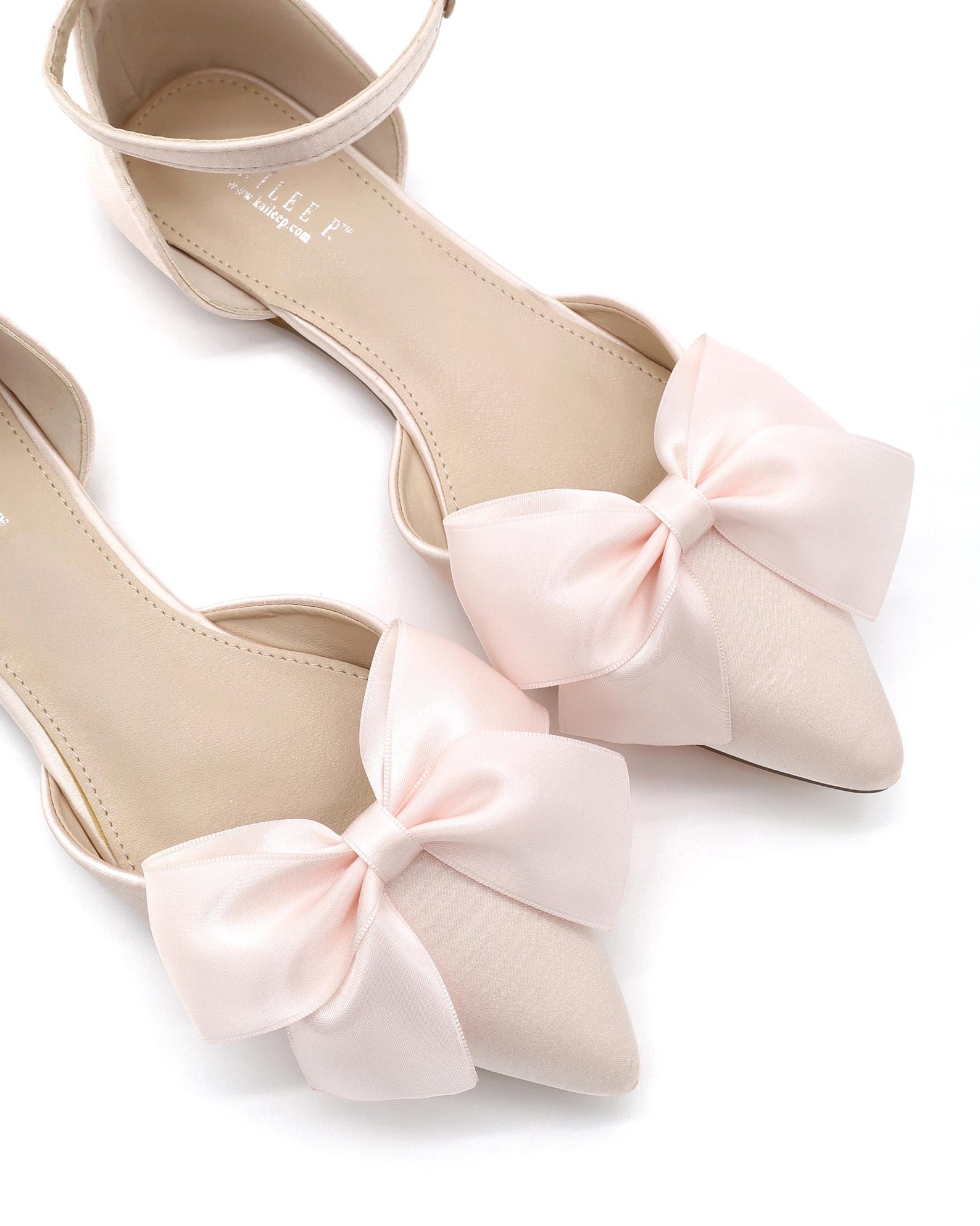 Dusty Pink Satin Pointy Toe Flats With Front Satin Bow, Women Wedding ...
