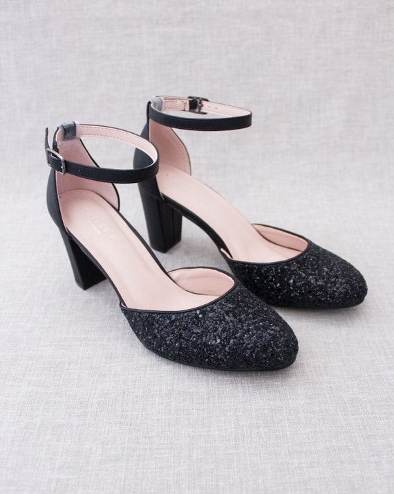 Black Rock Glitter Block Heel With SATIN BACK BOW Women 