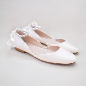 Ivory Satin Flats with Pearls Ankle Strap, Wedding Shoes, Bridal Flats, Bridesmaids Shoes, Ivory Wedding Flats