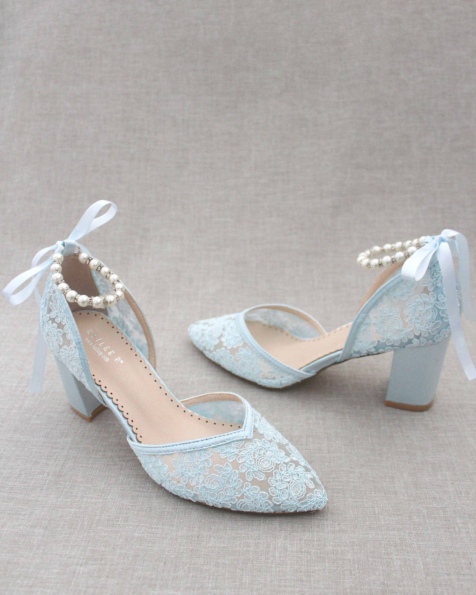 Light Blue Crochet Lace Almond Toe Block Heel With Pearls - Etsy