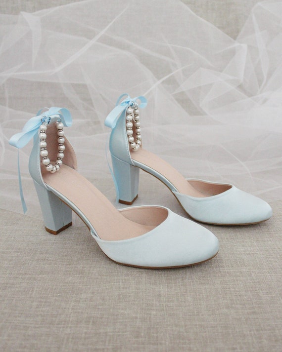 Light Blue Satin Block Heel with Pearls Ankle Strap, Women Wedding Shoes,  Bridal Shoes, Bridal Heels, Bride Heels