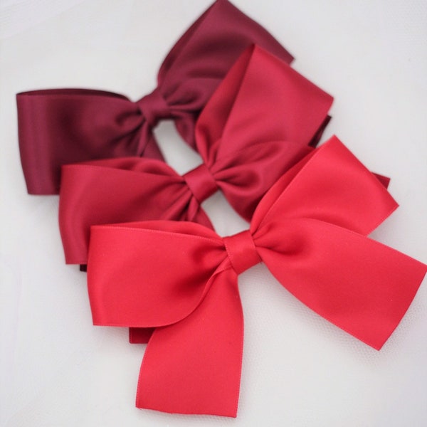 RED SATIN BOW Hair Clips - Red, Green and Gold Satin  - Holiday Bows, Flower Girls, Party Bows, Baby Headband