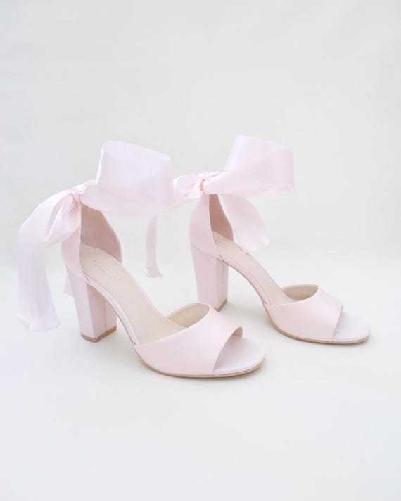 Dusty Pink Satin Block Heel Evening Sandals with Wrapped Satin Tie - Women Party Shoes, Evening Shoes, Bridesmaids Heels