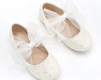 White Rock Glitter Maryjane Flats with WHITE CHIFFON Bow -  For flower girls, baptism and christening shoes, Holiday Shoes