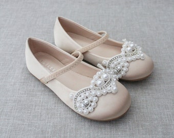 Champagne Satin Maryjane Flats with Small Pearls Applique for Fall Flower Girls, Holiday Shoes, Party Shoes, Gold Satin Shoes, Kids Shoes