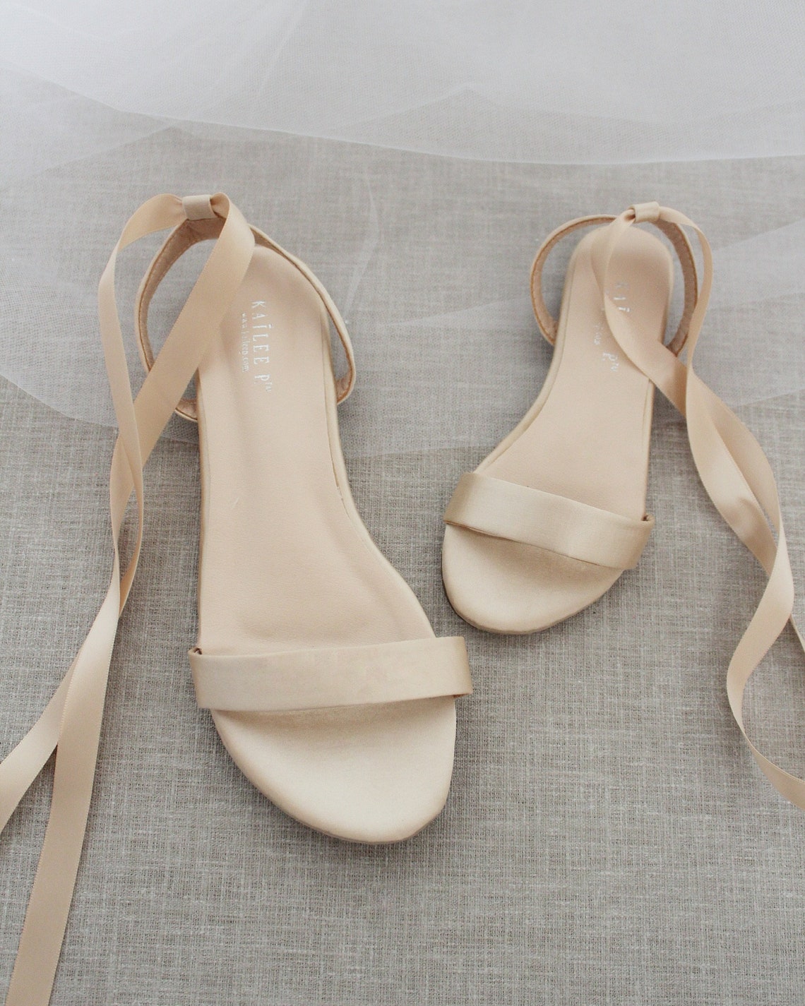 Champagne Satin Flat Sandal with Ballerina Lace Up Bridesmaid image 1