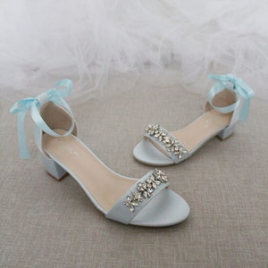 Light Blue Satin Block Heel Sandals with FLORAL RHINESTONES on Upper Strap, Girls Shoes, Bridal Shoes, Something Blue, Mini and Me Shoes