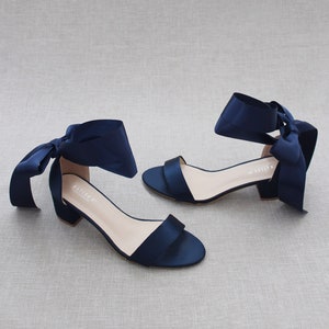 Navy Satin Block Heel Sandal With WRAPPED SATIN TIE, Bridesmaid Shoes ...