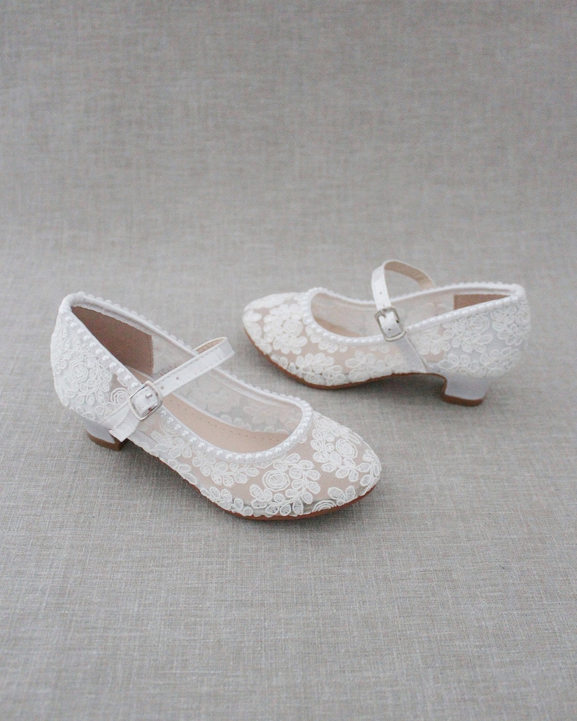 White Lace Mary Jane Heels With Mini Pearls Flower Girl Etsy