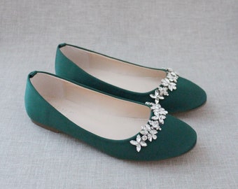 Hunter Green Satin Round Toe Flats with FLORAL RHINESTONES - Classic Wedding Shoes, Bridal Shoes, Women Shoes, Holiday Shoes
