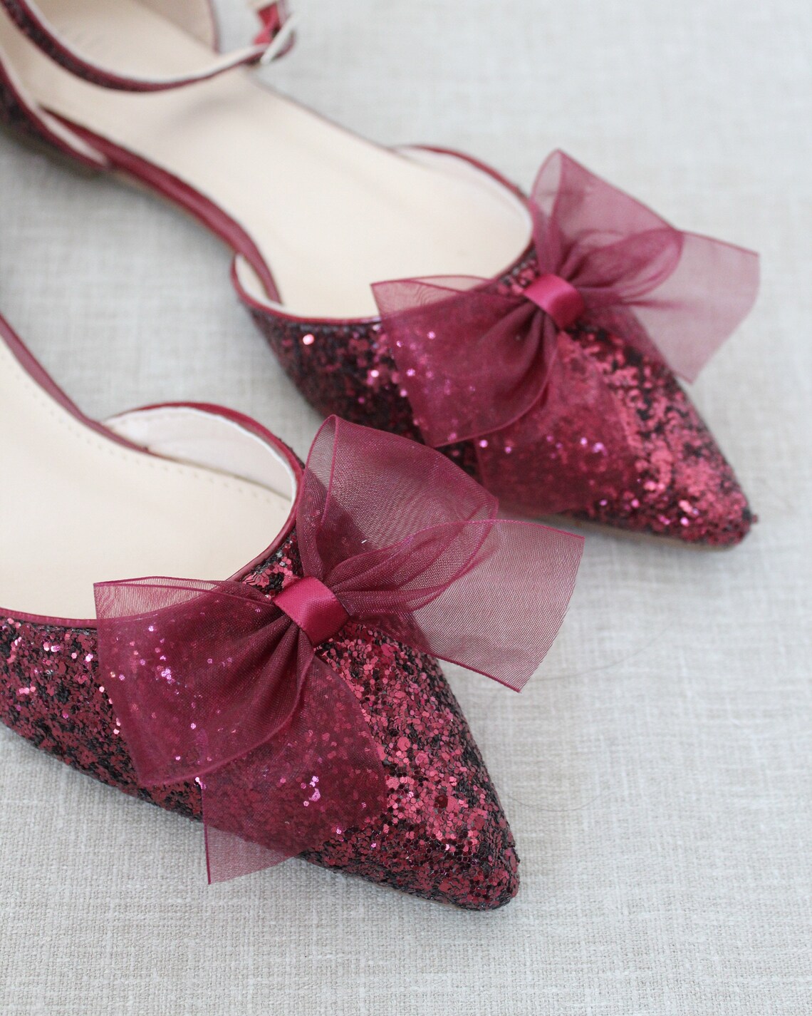 BURGUNDY Rock Glitter Pointy Toe Flats With Ankle Strap & - Etsy
