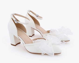 White Satin Block Heel with Layered Organza Bow and Ankle Strap, Wedding Shoes, Bridesmaids Shoes, Evening Shoes, Holiday Shoes