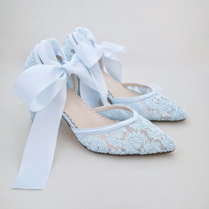 Light Blue Crochet Lace Almond Toe Block Heels with Ballerina Lace Up or Ankle Tie - Women Wedding Shoes, Something Blue, Bridal Shoes