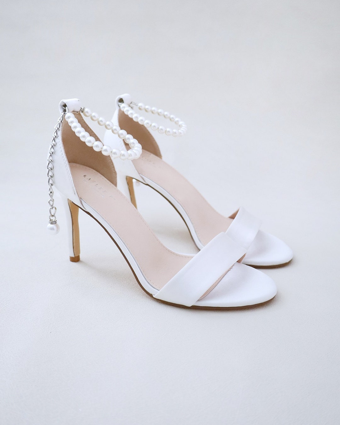 White Satin High Heel Wedding Sandals With Adjustable Pearl Strap, Wedding Heels Sandals