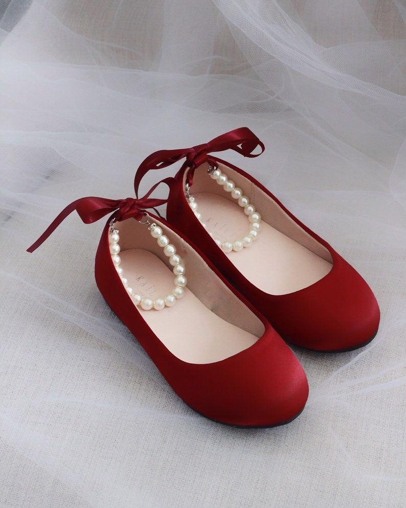Women & Kids Shoes Wine Satin Flats with Pearls Ankle Strap Etsy
