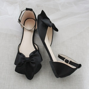 Black Pointy Toe Flats With FRONT SATIN BOW, Fall Wedding Shoes ...