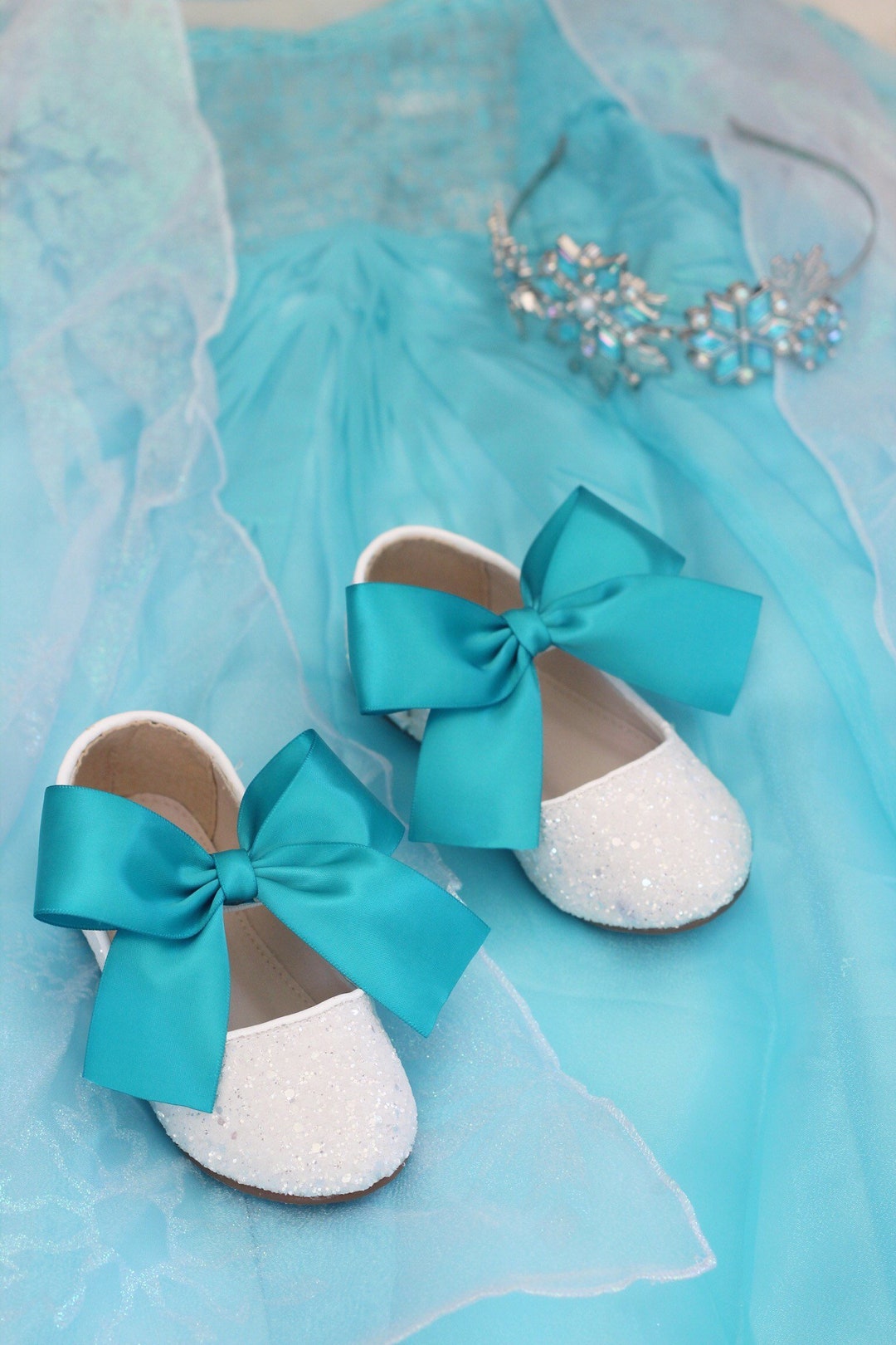 PRINCESS ELSA SHOES White Rock Glitter Maryjane With Aqua Blue or Teal