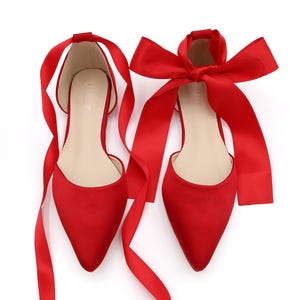 Red Satin Pointy Toe Flats with Satin ANKLE TIE or BALLERINA Lace Up, Fall Wedding Shoes, Bride Shoes, Bridesmaids Shoes, Red Holiday Shoes
