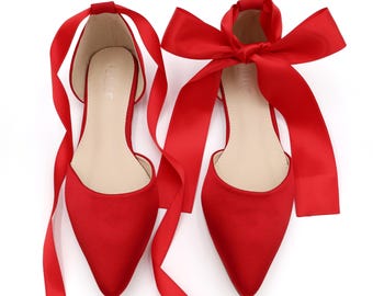 Red Satin Pointy Toe Flats with Satin ANKLE TIE or BALLERINA Lace Up, Fall Wedding Shoes, Bride Shoes, Bridesmaids Shoes, Red Holiday Shoes