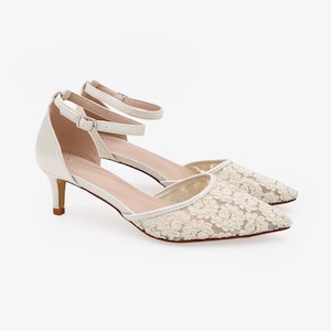 Ivory Crochet Lace Pointy Toe Wedding Low Heels with Wrapped Ankle Tie, Bridal Shoes, Bridal Low Heels, Kitten Heels REGULAR ANKLE STRAP
