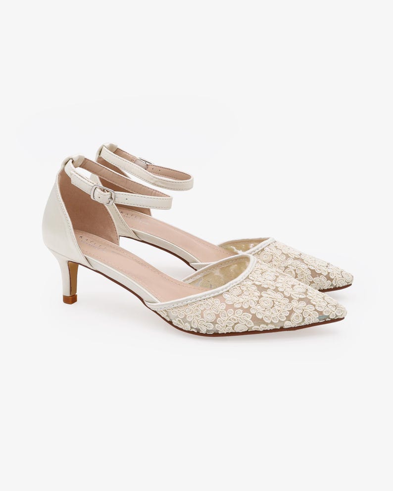 Ivory Crochet Lace Pointy Toe Wedding Low Heels with Wrapped Ankle Tie, Bridal Shoes, Bridal Low Heels, Kitten Heels REGULAR ANKLE STRAP