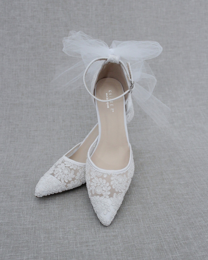 White Crochet Lace Pointy Toe HEELS With TULLE Back Bow Women - Etsy