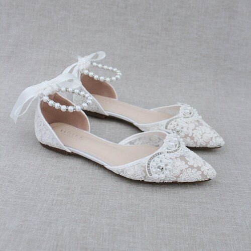 White Crochet Lace Pointy Toe HEELS With Small Pearls - Etsy