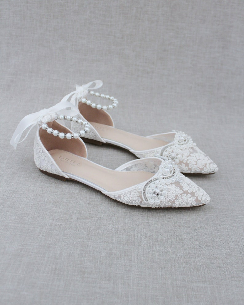 White Crochet Lace Pointy toe flats with Small Pearls Applique , Women Wedding Shoes, Bridesmaid Shoes 
