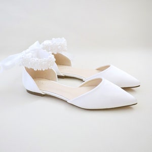 White & Ivory Satin Pointy Toe Wedding Flats with Perla Ankle Strap, Women Wedding Shoes, Bridal Shoes, Bridal Flats, White Shoes WHITE