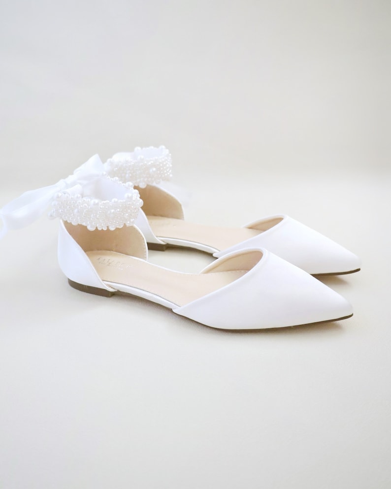 White & Ivory Satin Pointy Toe Wedding Flats with Perla Ankle Strap, Women Wedding Shoes, Bridal Shoes, Bridal Flats, White Shoes WHITE