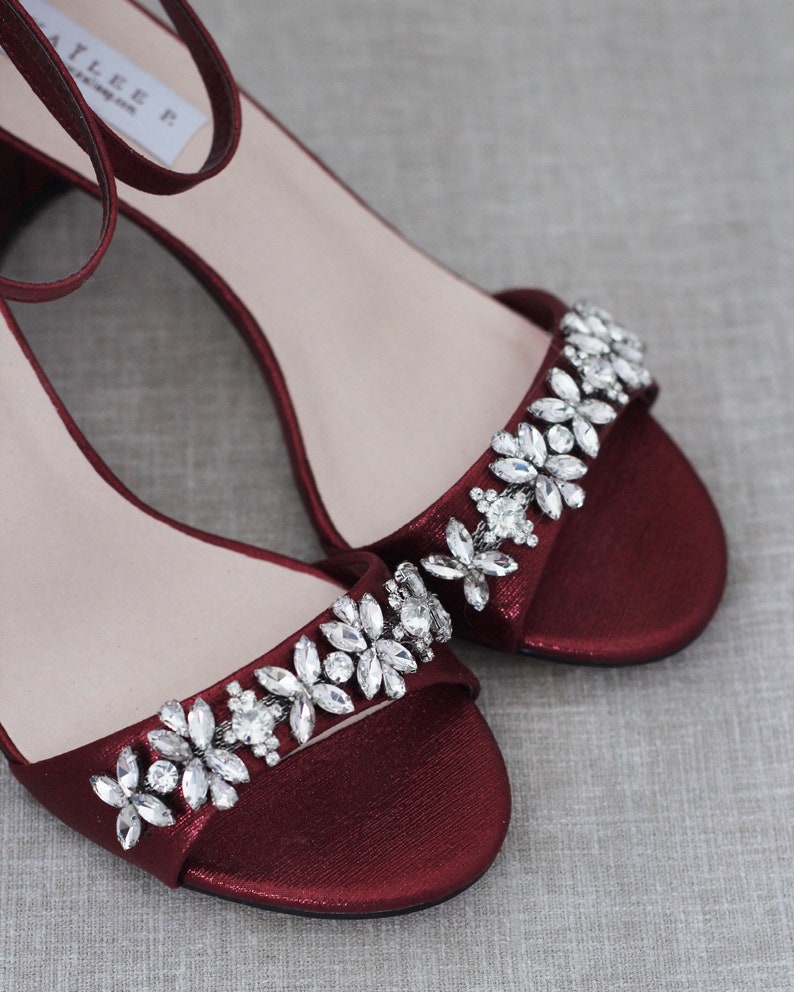 Wine Shimmer Low Block Heel Sandals with Embellished FLORAL Etsy