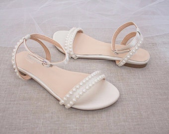 Ivory Satin Flat Sandal with PEARLS, Bridesmaid Shoes, Women Sandals, Kids Sandals, Mommy and Me Shoes