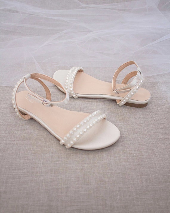 Ivory Satin Flat Sandal With PEARLS Bridesmaid Shoes Women - Etsy