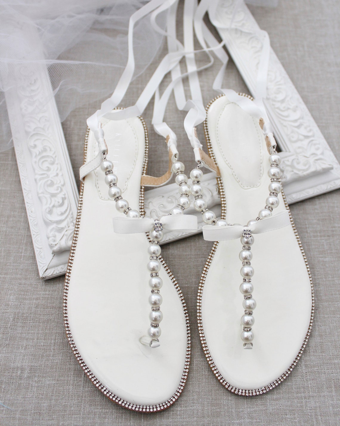 Women and Kids Pearl Wedding Flat Sandals Off White T-Strap W/ SATIN TIE