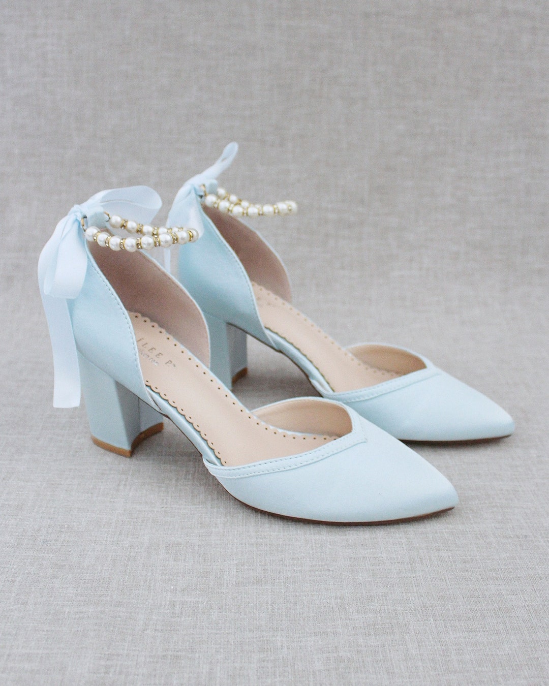 Satin Almond Toe Block Heel With Pearl Ankle Strap Women Wedding Shoes ...