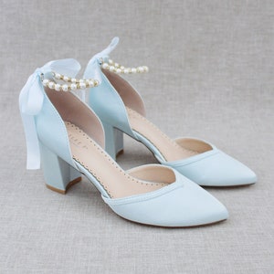 Satin Almond Toe Block Heel with Pearl Ankle Strap - Women Wedding Shoes, Bridesmaids Shoes, Something Blue