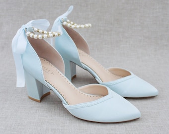 Satin Almond Toe Block Heel with Pearl Ankle Strap - Women Wedding Shoes, Bridesmaids Shoes, Something Blue