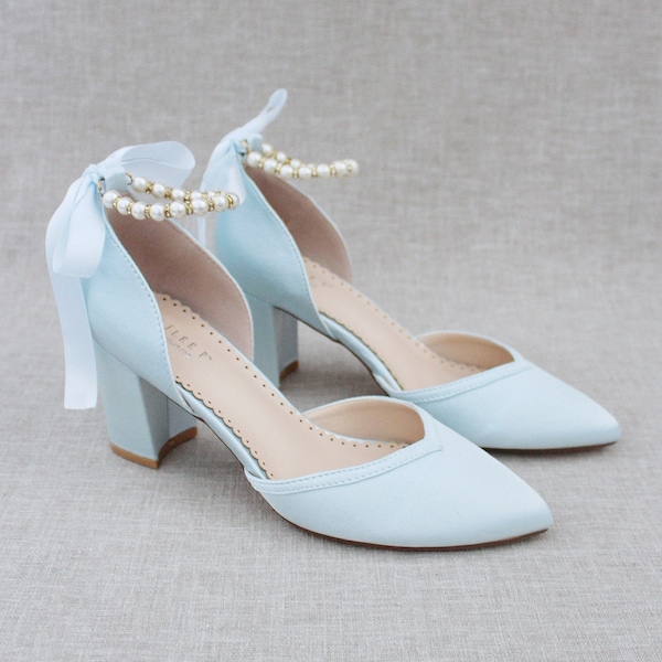 Satin Almond Toe Block Heel with Pearl Ankle Strap - Women Wedding Shoes, Bridesmaids Shoes, Something Blue