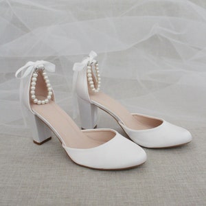 White Satin Block Heel With Pearls Ankle Strap Women Wedding - Etsy