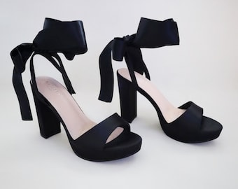 Black Satin Platform Block Heel Wedding Sandals with Wrapped Ankle Tie, Women Shoes, Bridesmaid Shoes, Bridal Shoes, Prom Shoes