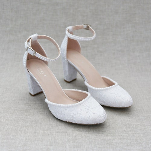 satin white block heels