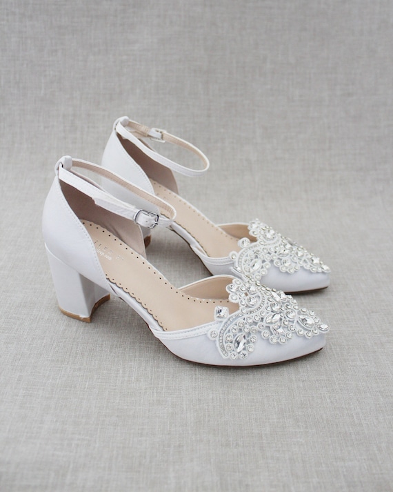 White Satin Pointy Toe Flats with Rhinestones Applique Embellishments - Wedding Shoes, Bridal Shoes, Bridesmaids Shoes US 6 / UK 4 / EU 36 / Oversized