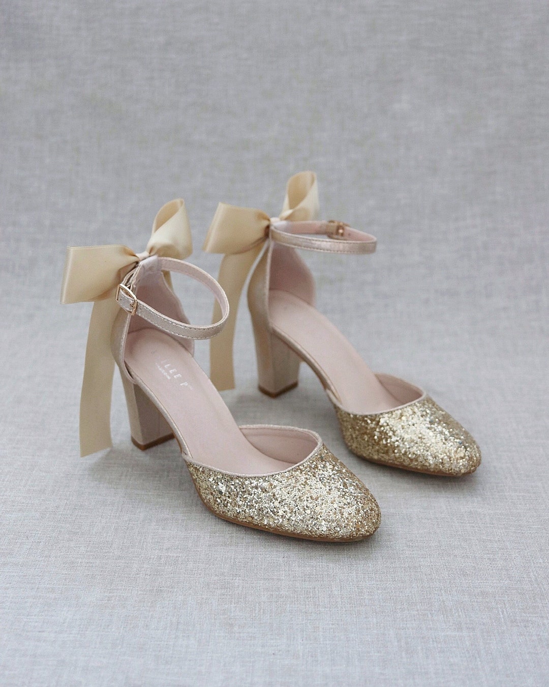 Gold Rock Glitter Block Heel With Satin Back Bow, Fall Wedding