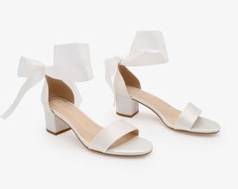 White Satin Block Heel Sandal with WRAPPED SATIN TIE, Bridesmaid Shoes, Jr. Bridesmaids Shoes, Women Sandals