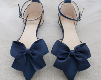 Navy Satin Pointy Toe Flats with FRONT SATIN BOW, Fall Wedding Shoes, Navy Blue Bridesmaid Shoes, Something Blue, Holiday Shoes