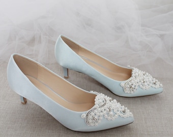 Light Blue Satin Pointy Toe Pump Low Heel with OVERSIZED PEARLS APPLIQUE, Women Wedding Shoes, Bridal Shoes, Something Blue