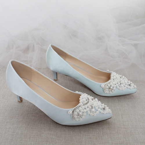Blue Satin Pointy Toe Pump Low Heel 
