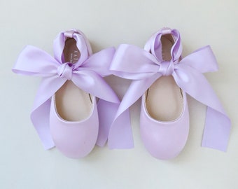 Lavender Satin Flats with Satin Ankle Tie - Fall flower girls shoes, Holiday Shoes, Birthday Shoes, Costume Shoes