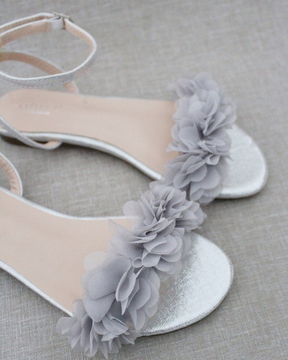 Buy Silver Satin Flat Sandal With CHIFFON FLOWERS Bridesmaid
